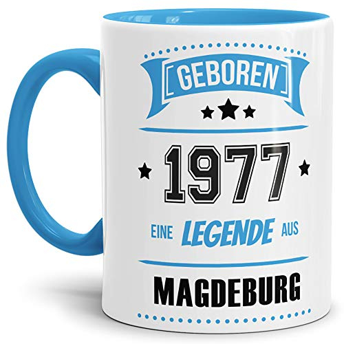 Tassendruck Geburtstags-Tasse Geboren 1977 Eine Legende aus Magdeburg Innen & Henkel Hellblau/Geschenk/mit Spruch/Mug/Cup/Becher/Qualität Made in Germany
