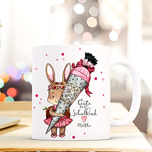 Geschenke Einschulung Federtasche Tasse Emaillebecher Thermobecher Mason Jar Trinkglas Kissen oder Waschtasche mit Häschen Schultüte & Name Wunschname pb03 - *Kaffeetasse*