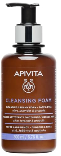Apivita Mousse Nettoyante Visage & Yeux 200ml - Nettoie Efficacement, Apaise et Conforte - Moussante Crémeuse Légère Démaquillante - Anti-Pollution - Formule Naturelle : Olive, Propolis, Lavande