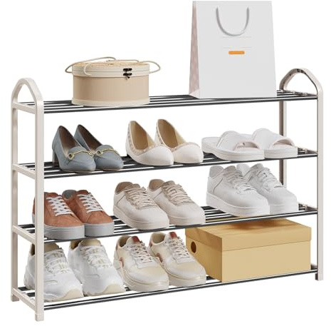 eSituro Schuhregal 4 Ebenen Metall, Schuhständer, 79x58x18cm, Creme | für 12-16 Paar, Platzsparend mit Tragegriff, Rostbeständig, Schuhständer für Flur,Kleiderschrank,Eingangsbereich,Schlafzimmer