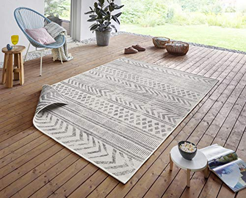 NORTHRUGS In- und Outdoor Teppich Biri 80x150cm - Wendeteppich Wetterfest Boho Style Vintage Design Läufer für Balkon Terrasse Garten Wintergarten Wohnzimmerteppich Wasserfest in Grau Creme