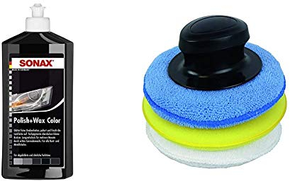 SONAX Polish & Wax Color NanoPro schwarz (500 ml) Politur mit Farbpigmenten und Wachsanteilen auf Nanotechnologie-Basis | Art-Nr. 02961000 & Carpoint 1750302 Polierschwamm mit Griff