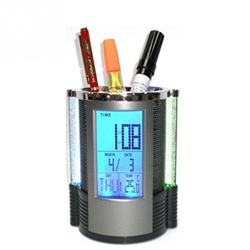 T&F Digitaler LCD-Schreibtischwecker und Stifthalter aus Netzstoff, Stiftehalter, Lineal, ordentliches LED-Licht