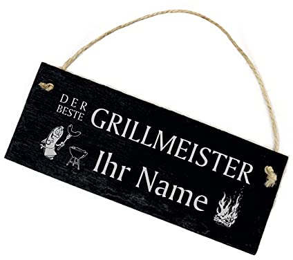 Schild für Griller Schiefertafel - Der Beste Grillmeister IHR WUNSCHNAME - Schiefer Dekoschild Grillecke Vatertag grillen 22 x 8 cm