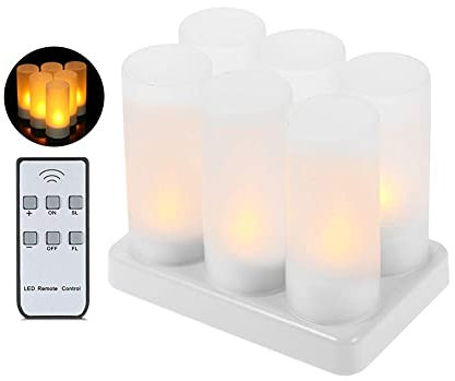 Rechargeable LED Candles, 6 Pieces Flameless LED Battery Operated Flickering Tea Lights with Charging Station, Remote Control Timer and Frosted Cups for Christmas Home Wedding Holiday ation