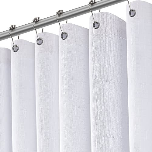 Awellife Rideau de douche en lin blanc avec 12 crochets durables de 183 cm en tissu texturé très résistant et imperméable pour salle de bain