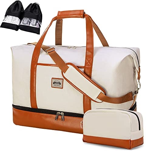 Lekespring Sac De Voyage Femme 50L, Sac Weekend Femme Double avec Compartiment Étanche Séparé - avec 1 Trousse De Toilette Et 2 Étuis À Chaussures - Blanc Cassé