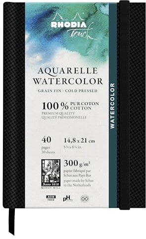 Rhodia 116140C - Rhodia Touch Zeichenbuch Watercolor Book, feinkörniges Papier aus 100% Baumwolle 300g, 20 Blatt, A5 Hochformat, ideal für Aquarell, Schwarz, 1 Stück