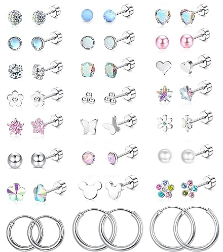 Diamday 24Paare 20G Chirurgenstahl Ohrstecker Set für Damen Männer CZ Herz Blume Stern Mond Multipack Flach Zurück Ohrringe Chirurgenstahl Knorpel Hoops Helix Tragus Daith Ohrringe Piercing Schmuck