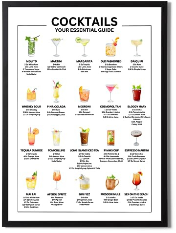 State Media Vision Cocktails Your Essential Guide' A3 & A4 Mixology Poster - 20 Classic Cocktail Recipes - Kitchen and Bar Wall Art - Variety of Sizes (A4 Black Framed)