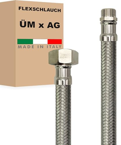Flexschlauch DN13-1/2 Edelstahl Panzerschlauch Sanitär Hauswasserwerk - Made in Italy (3/4 ÜM x 1/2 AG, 30 cm)