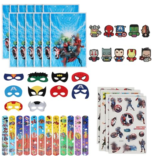 winbest 46 Stück Superheld Party Mitgebsel, Mitgebsel Kindergeburtstag, Superhelden Geburtstagsdeko mit 12 Schnapparmbänder,10 Superhelden Masken, 10 3D Aufkleber, 10 Geburtstagstüten, 4 Aufkleber