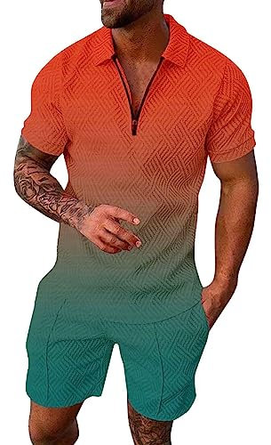 Generisch Trainingsanzug für Herren Sommer Sportanzug 2 Teiliges Outfit Set Kurzarm Sportanzug T-Shirts Retro Übergröße Anzug Sporthose Herren Kurz Herren Outfit Komplett Set Modern