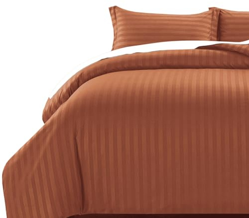 MOONLIGHT20015 King Size Duvet Cover Sets Reversible Stripes Satin Bedding Set with 2 Pillowcases Soft Hypoallergenic Duvet Covers (Rust 230x220)