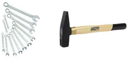 Brüder Mannesmann Ringschlüsselsatz + Schlosserhammer, 12-tlg., 6-22 mm, CV, GS, M 130-12DIN, Holzgriff, 300 g, Silber