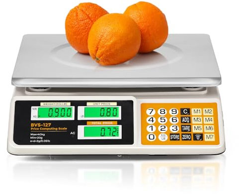 Bonvoisin Preisberechnungswaage 88lb/ 40kg, kommerzielle Lebensmittelwaage mit 2g Teilung, wiederaufladbare Produktwaage mit Edelstahlplatte für Bauernmärkte, Einzelhandelsgeschäfte, Metzgereien (EU)