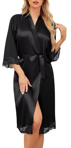 Sopesil Women's Satin Dressing Gowns Lightweight Ladies Kimono Morning Robes for Women Bridal Lace Soft Sleepwear Loungewear, Black, XXL