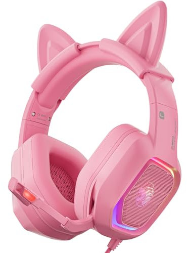 ZIUMIER Pink Gaming Headset with Detachable Cat Ears, Compatible with PS4 PS5 Xbox One PC Laptop, Over-Ear Headphones with LED RGB Light, Noise Canceling Mic, Stereo Surround Sound