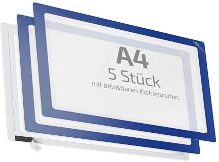 spLEAN 5 Stück Dokumentenhalter klebend mehrfach ablösbar DIN A4, Fenster, dunkelblau, Aushang aus stabiler Vinyl-Hartfolie Stärke 0,70 mm, Made in Germany