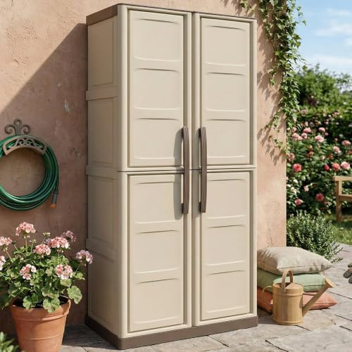Dmora - Marchin-Außengarderobe, Mehrzweck-Balkonschrank, 2-türiger Außenschrank, 100% Made in Italy, Beige und Braun, Kariertes Finish, 70 x 39 x 165 cm