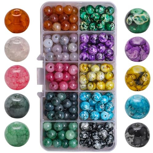 Bolitas para Hacer Pulseras, Abalorios Pulseras, Cuentas de Vidrio Multicolor Patrón de Mármol,Cuentas de Vidrio Craquelado, Manualidad de Bricolaje Pulseras (200 unidades de 8 mm)