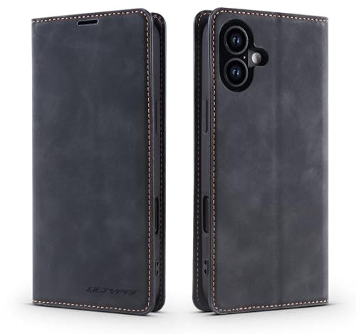 QLTYPRI Case for iPhone 16 6.1 inch, Premium PU Leather Cover TPU Bumper with Card Holder Kickstand Hidden Magnetic Adsorption Flip Wallet Case Cover for iPhone 16 - Black