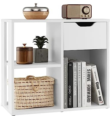 COSTWAY Bücherregal Holz, Würfelregal mit Schublade und 3 Fächern, Büroregal Raumteiler, Standregal für Wohnzimmer, Schlafzimmer, Büro, Kinderzimmer 60 x 30 x 53 cm (Weiß)