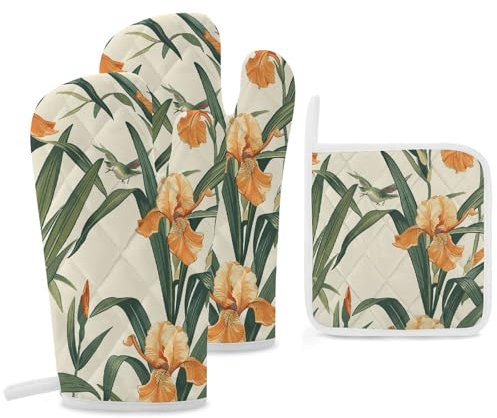 3 Pcs Oven Mitts and Pot Holders Set Kitchen Oven Gloves Heat Resistant Potholders Non-Slip Hot Pads Orange Toned Plants Oven Mits for Cooking Baking Grilling