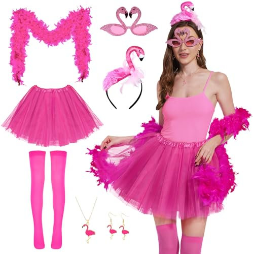 Deguisement Flamant Carnaval Femme, 9 Kit Déguisement des Années 80 avec Jupes Tutu Femmes, Déguisement Année 80 Accessoire pour Femme, Disco Costume Vetement pour Carnaval 80s Thème Soirée