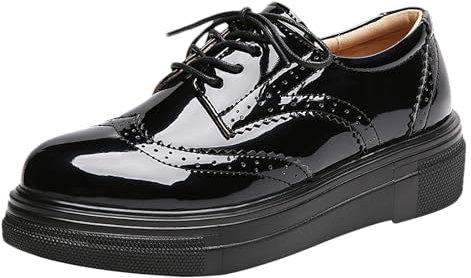 ANUFER Mujeres Elegante con Cordones Brogues Plataforma Piel Sintética de Charol Casual Zapatillas Deportivas SN0701109 Negro EU37
