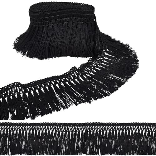 GORGECRAFT Fransenbesatz Aus Baumwolle Mit Quaste 4.6mx8cm Schwarz Spitzenbesatz Bänder Boho Vintage Stil Langer Fransenbesatz Zum Nähen Einfassungen Besatz Vorhänge Decken Aufhängen Teppiche Kleidu