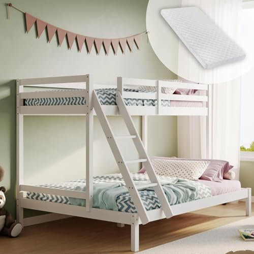 Kids Collective Hochbett, Etagenbett, Hochbett 90x200 | Kinderbett mit großem 140x200 cm Bett unten, EN 747-zertifiziert, stabil & robust | 206x147x145 cm (BxTxH) | mit Matratze | Weiß