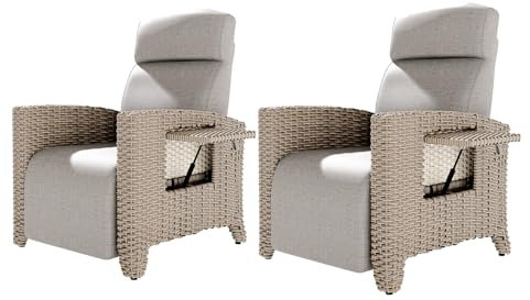Loungesessel Balkon Set, bequeme Rattan Gartenstühle mit Liegefunktion, Hochlehner Relaxsessel mit Fußteil, verstellbare Polyrattan Gartenliege für Schwergewichtige (Modern, Aprikosenfarben, 2-teilig)