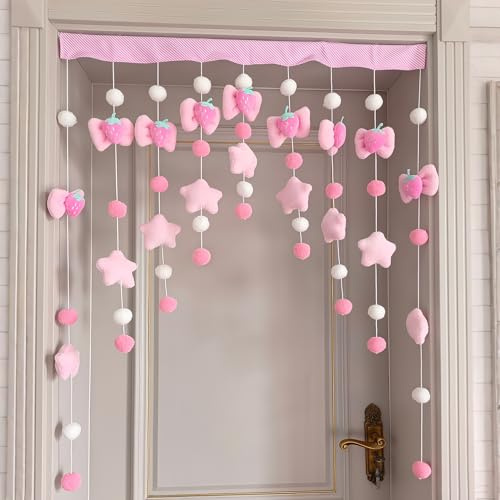 Kynthyre Kawaii Flauschiger Plüsch-Türvorhang, 83,8 cm B x 88,9 cm L, selbstklebend, niedliche rosa Erdbeere, Fenster-Wandvorhang für Wohnzimmer und Schlafzimmer Dekor