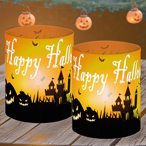 12 Stück Halloween Windlicht Tischdeko, Halloween Lichthülle mit Hexe Kürbis Fledermaus Grabstein, Indoor Outdoor Party Deko Tisch 2025, Kinder Geburtstag Party Tisch Set, für Teelicht Oder Kerzen
