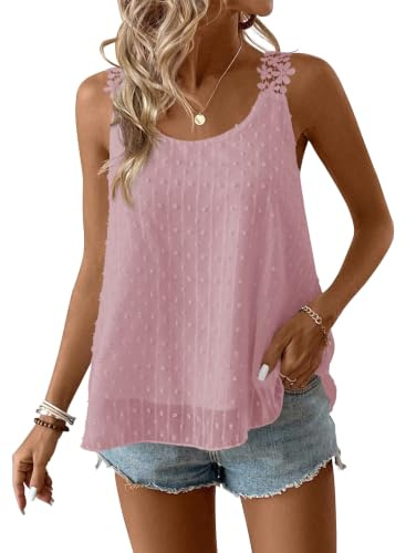 TUUHAW Debardeur Femme Débardeur sans Manche Été Col Rond Caraco Bohème | Fluide Floral Élégant Tank Top, Bretelles Lâche Plissé Bohème Chemise, Uni Caraco, Lâches Cami Hauts, Plissé Dentelle Blouse