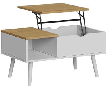 Vicco Couchtisch Stora, Weiß/Eiche, 76 x 45 cm | mit Liftfunktion, höhenverstellbarer Tischplatte und offenem Ablagefach