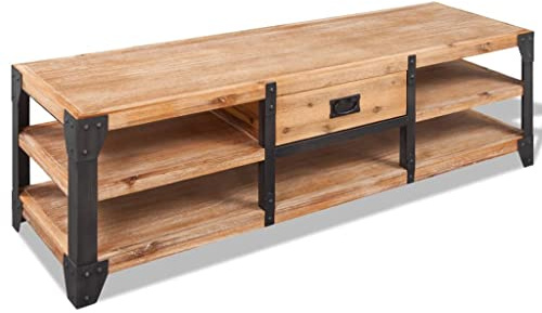 HETFTJN TV Lowboard aus massiver Akazie 140x40x45 cm mit gebürstetem Holz und 1,5 mm Stahlbeinen, Modernes Design mit Schublade und viel Stauraum, Fernsehtisch für Wohnzimmer Schlafzimmer