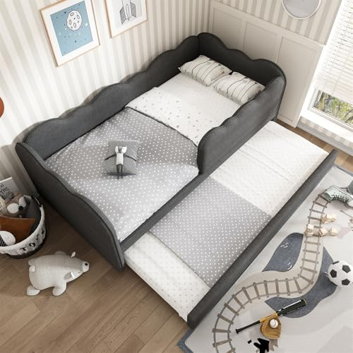 Polsterbett Schlafsofa 90x190 cm, Daybett Tagesbett mit Ausziehbett, Einzelbett mit Lattenrost, Bett Jugendbett Gästebett, Leinen, Grau, ohne Matratze