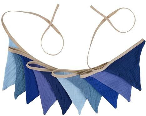 Wimpelkette Kinderzimmer, 2,6 M Girlande Kinderzimmer Babyzimmer Deko Wimpel Musselinstoff Doppelseitig Stoffgirlande Wimpelkette Stoff für Hausbett Babybett Kinderbett Party Wanddeko Geschenk (Blau)