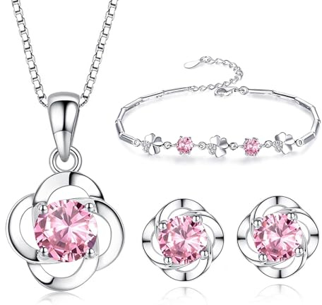 Kamise Womens Jewellery Set, 925 Silver Necklace Bracelet Stud Earrings Set | Nickel-Free with Box, with White Cubic Zirconia Crystal, Allergy Free Sets for Ladies Women Wedding Engagement Birthday Gift