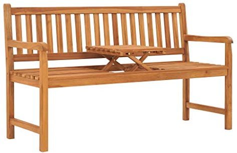 Bucmath 3-Sitzer Gartenbank 150 cm aus massivem Teakholz, wetterfest, mit praktischem Pop-Up-Teetisch für Terrasse, Garten, Veranda, braun