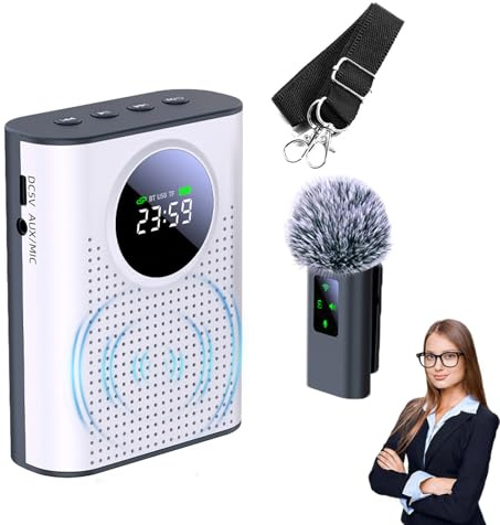 Amplificador de Voz Inalambrico Portátil con Micrófono Lavalier, Microfono Altavoz con Batería de Litio de 2000 mAh, Sistema de Megafonía para Profesores, Guías, Presentadores, Conferencias