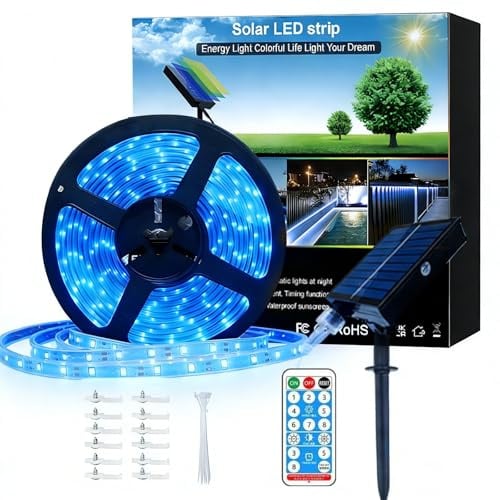 Meewata Solar-LED-Lichtstreifen für den Außenbereich, 6 m, selbstklebend, wasserdicht, 8 Modi mit Fern-Timer und automatischem Ein-/Ausschalten, perfekt für Deck, Terrasse, Wege, Camping-Dekor, Blau
