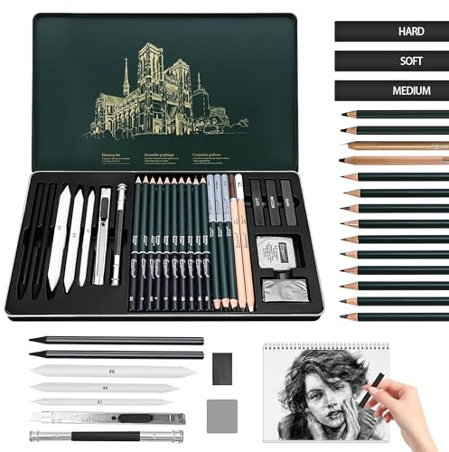 HA BIN Set di disegno professionale per principianti con 27 pezzi, set di matite professionali e carboncini per schizzi, set di disegno completo con scatola di conservazione per artisti e designer