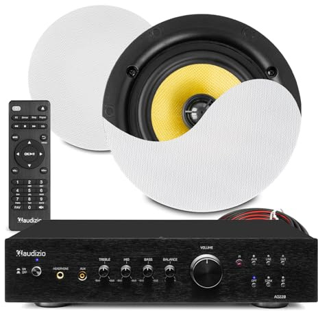2x PD KVCS6 6.5-inch Ceiling Speaker System with Audizio AD220 Amplifier – Home Audio Ceiling Speaker Package, Coaxial Design, Optical TV Input, Bluetooth, Hi-Fi Sound, Installed Speakers Kit, White