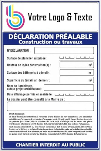 Panneau déclaration préalable travaux - Plaque signaletique personnalisable avec Nom & Logo d’entreprise, Akylux 80x120 cm [ Panneau affichage exterieur ]