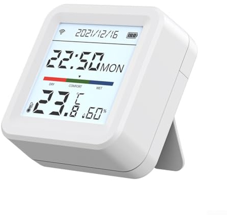 Sensor WiFi integrado Tuya para medición continua de temperatura y humedad con lectura LCD clara y fácil configuración