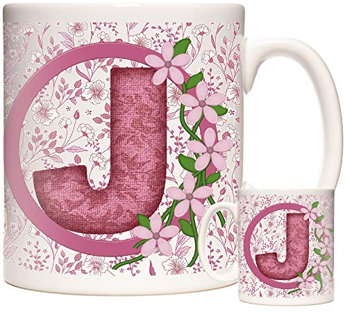 Letter J Gift Monogram Initial Mug - Alphabet Birthday or Celebration Gift for People Whose Name Begins With J - Pink Flower Design, 11oz Ceramic