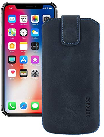 Suncase Original Etui Tasche für iPhone X | iPhone XS | mit ZUSÄTZLICHER Hülle/Schale/Bumper *Lasche mit Rückzugfunktion* Handytasche Ledertasche Schutzhülle Case Hülle in Pebble-Blue